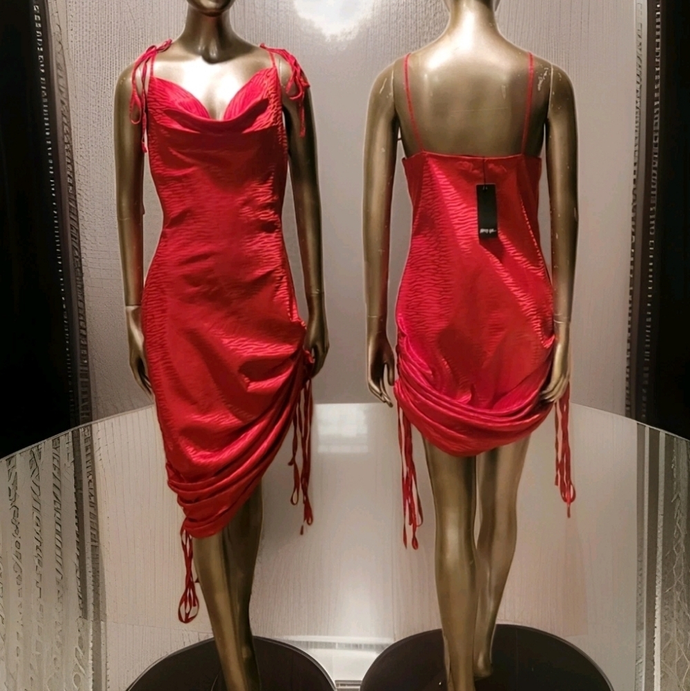 NWT Nasty Gal Red Satin Zebra Tie Mini Ajustable Length Ruched Slip Dress Sz 8